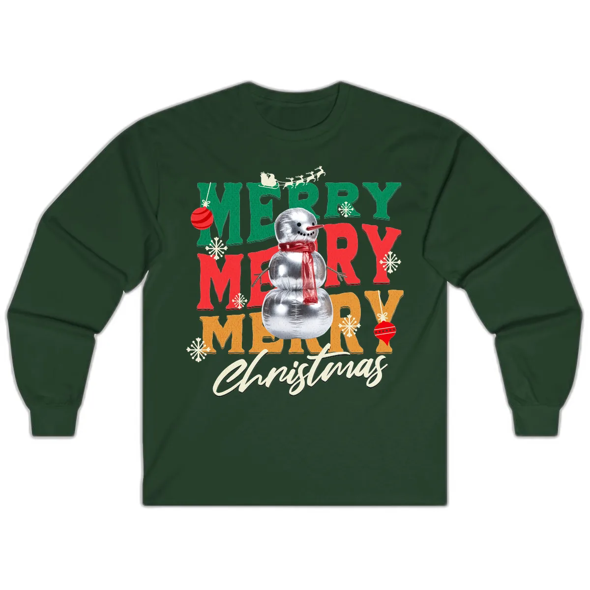 Merry Merry Snowman Christmas Design Long Sleeve in Forest Green