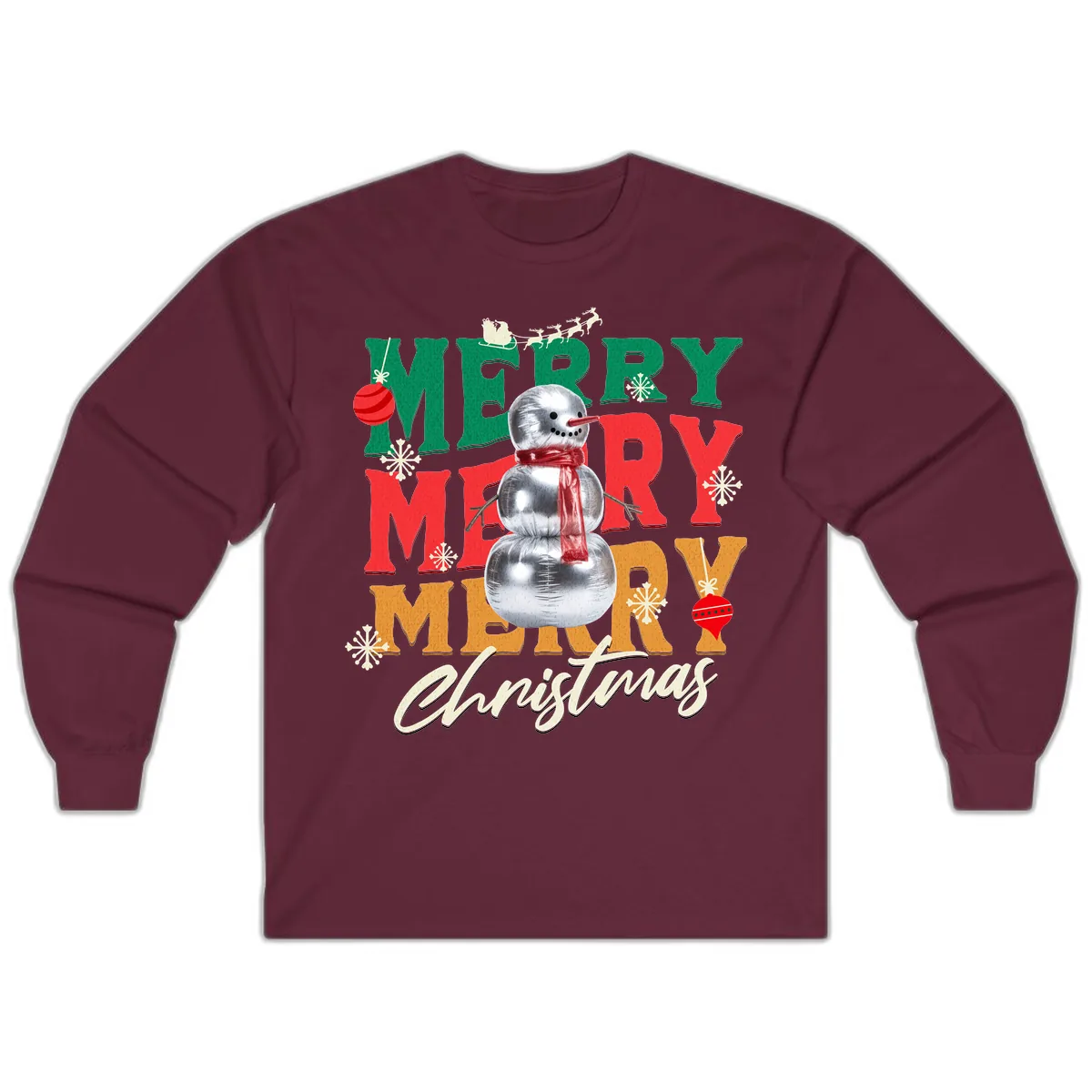 Merry Merry Snowman Christmas Design Long Sleeve in Maroon