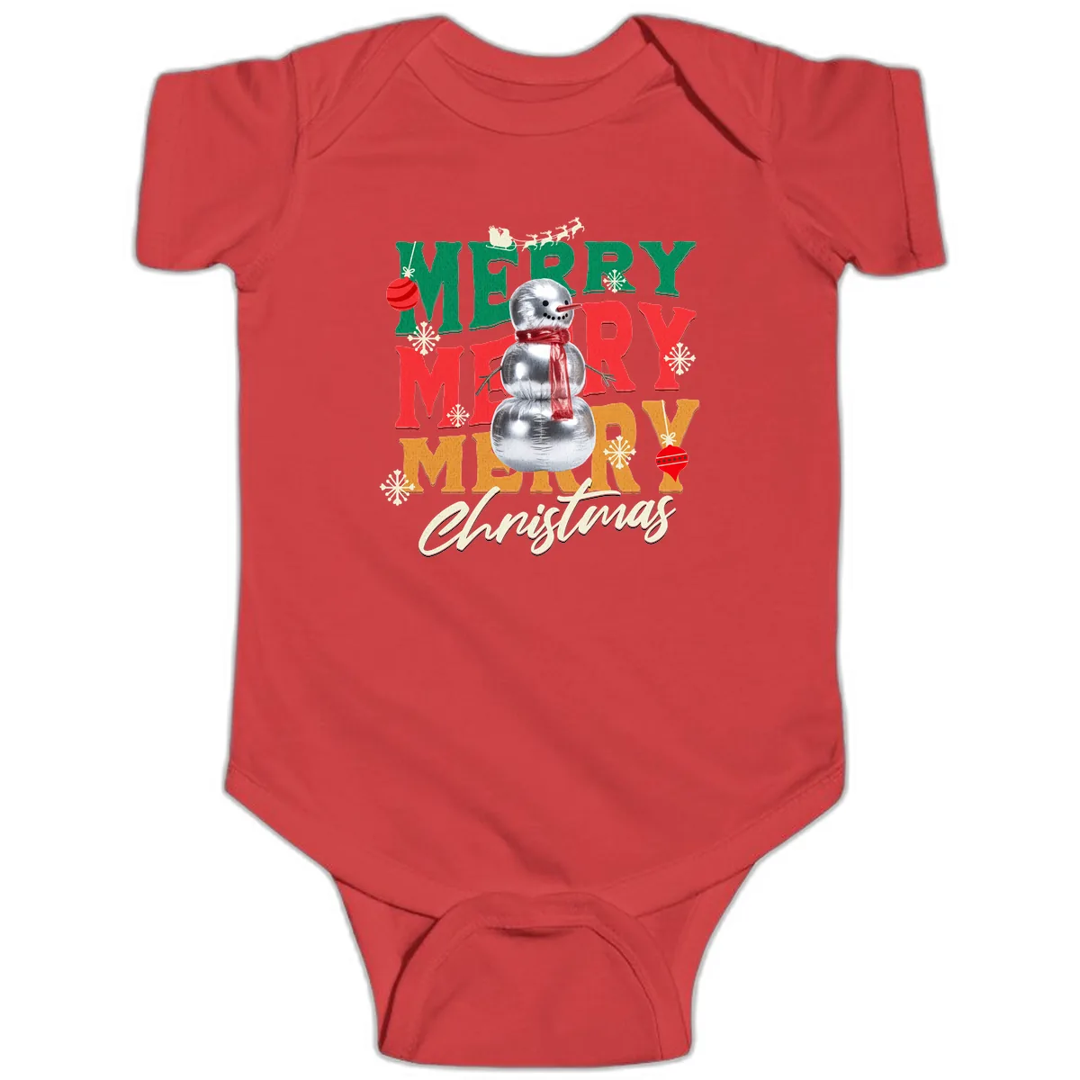 Merry Merry Snowman Christmas Design Baby Onesie in Red