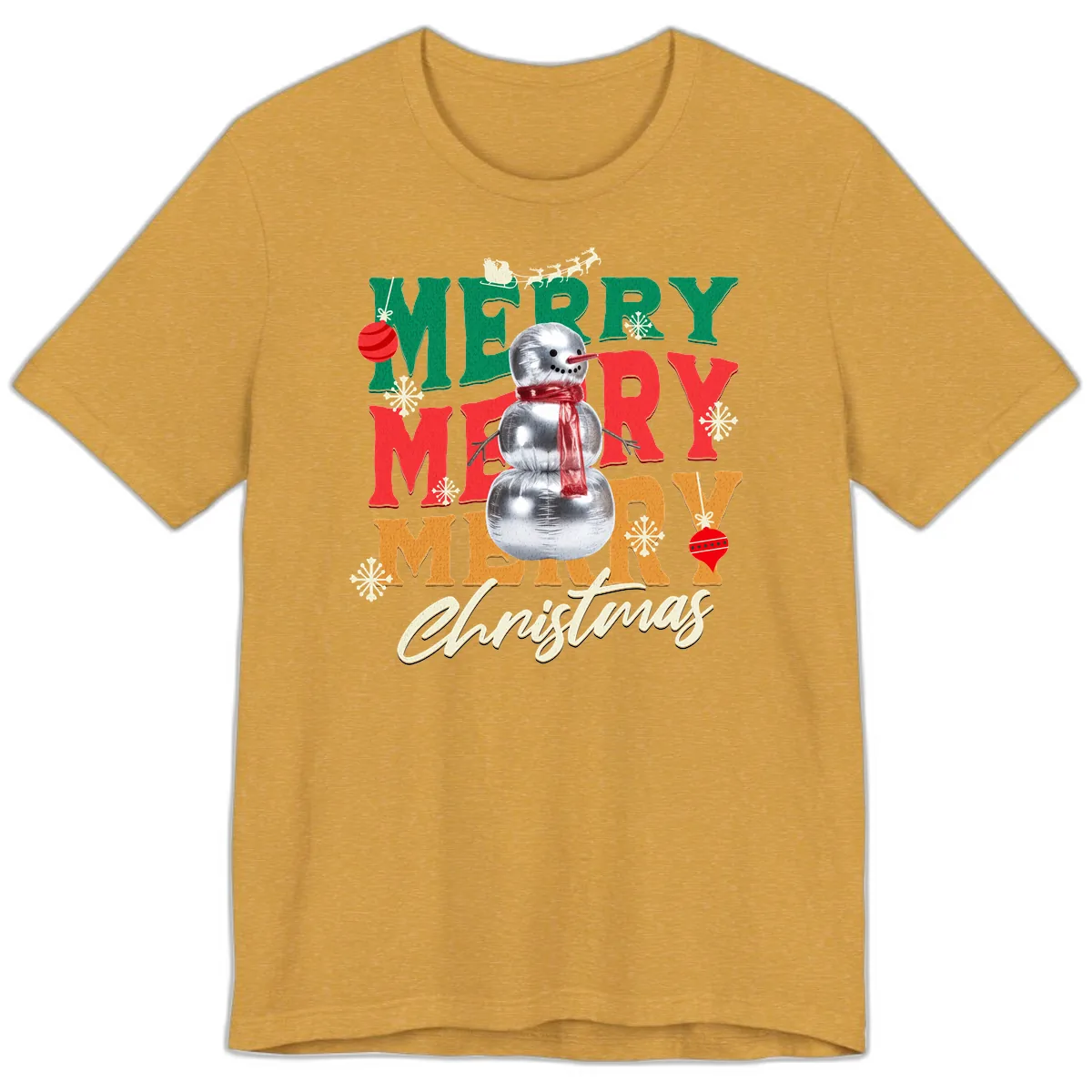 Merry Merry Snowman Christmas Design Premium T-Shirt in Heather Mustard