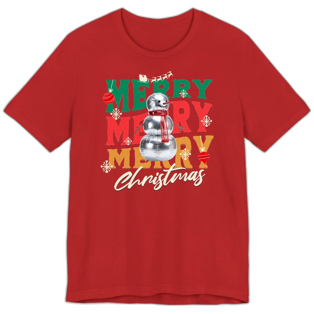 Merry Merry Snowman Christmas Design Premium T-Shirt in Red