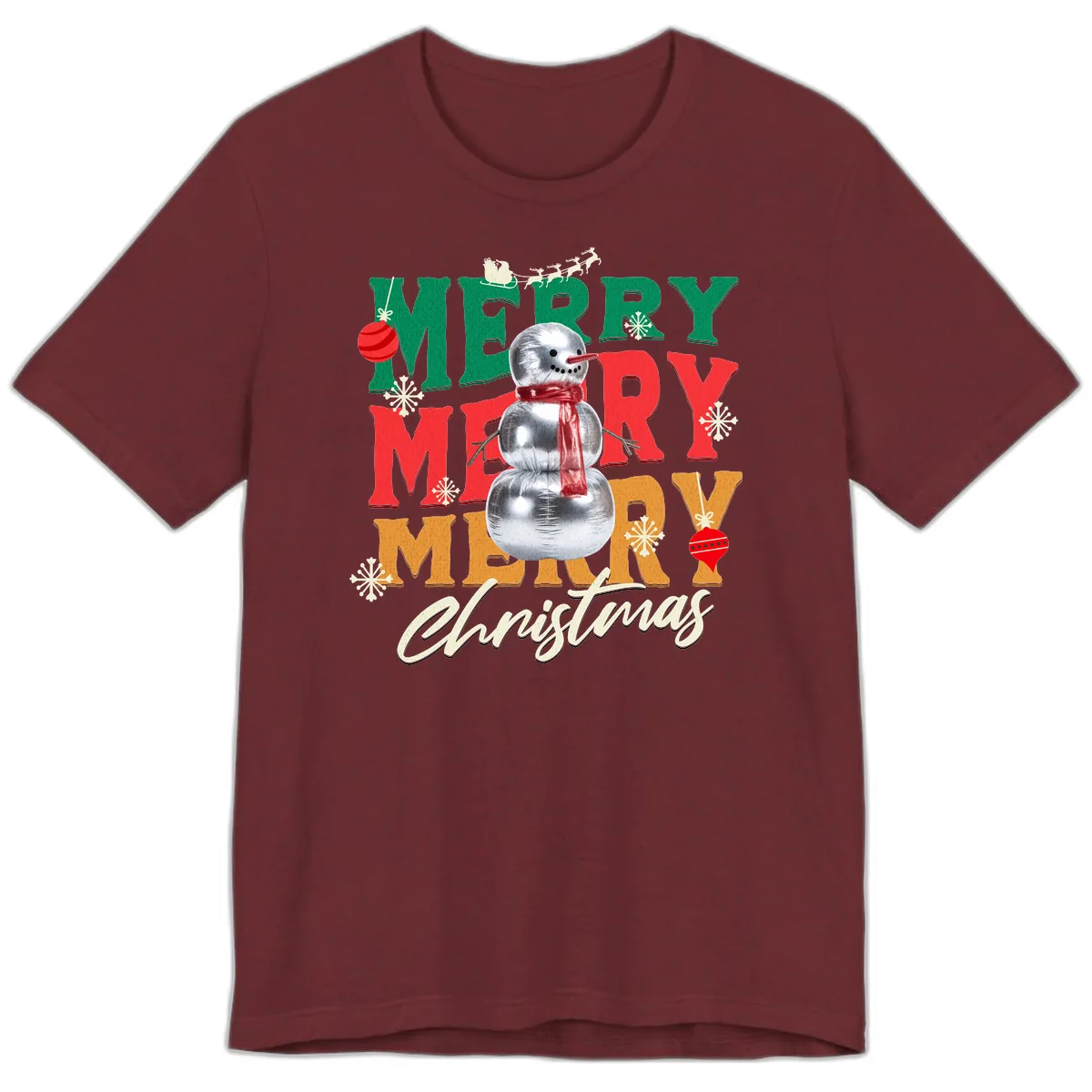 Merry Merry Snowman Christmas Design Premium T-Shirt in Heather Cardinal