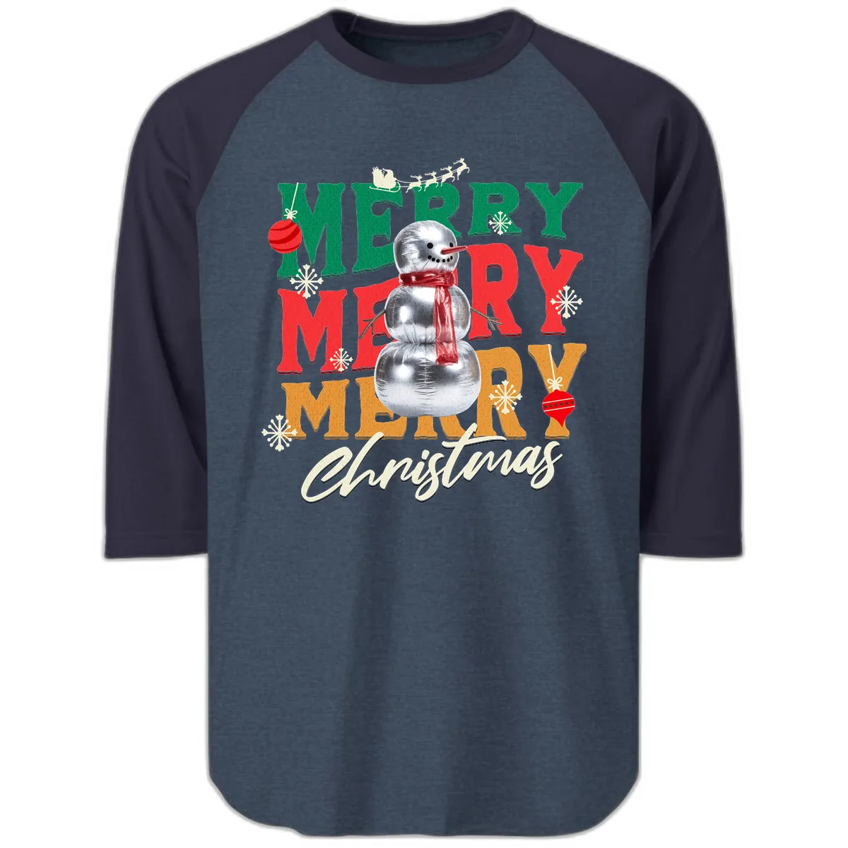 Merry Merry Snowman Christmas Design Raglan 3/4 in Heather Denim Navy