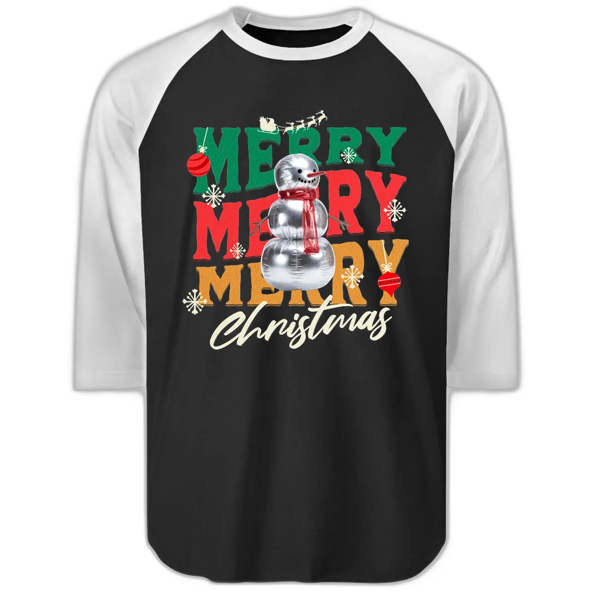 Merry Merry Snowman Christmas Design Raglan 3/4 in Black White