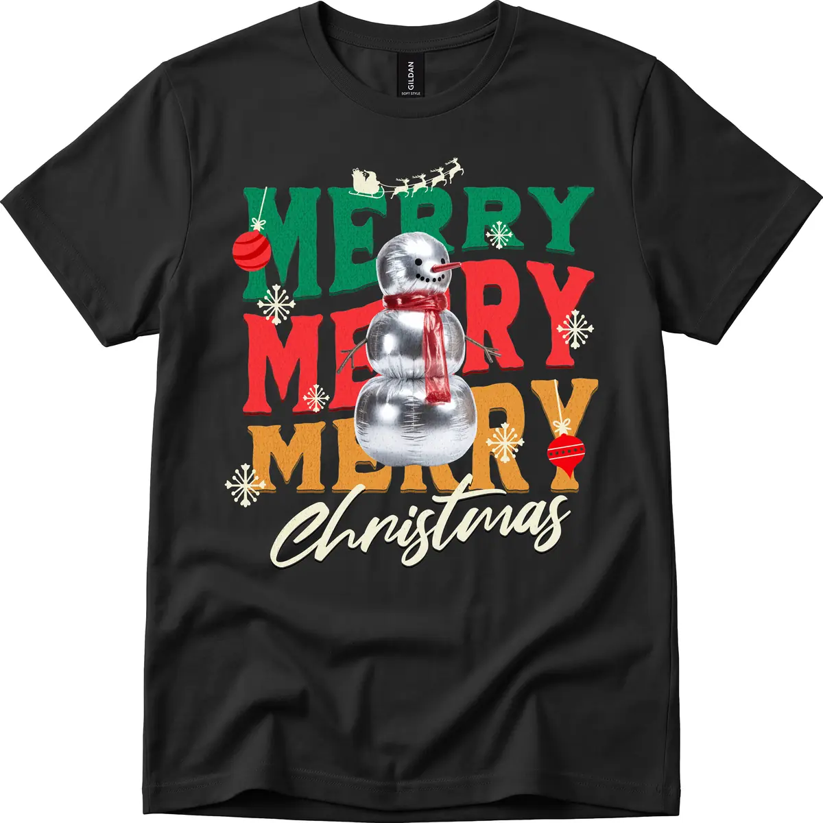 Merry Merry Snowman Christmas Design T-Shirt in Black
