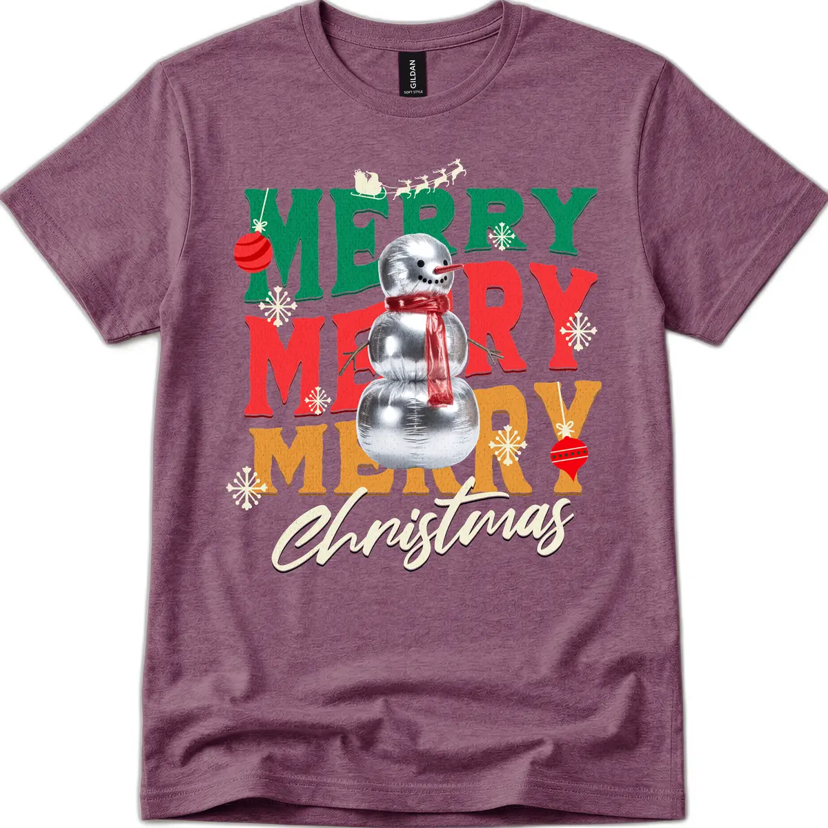 Merry Merry Snowman Christmas Design T-Shirt in Heather Maroon