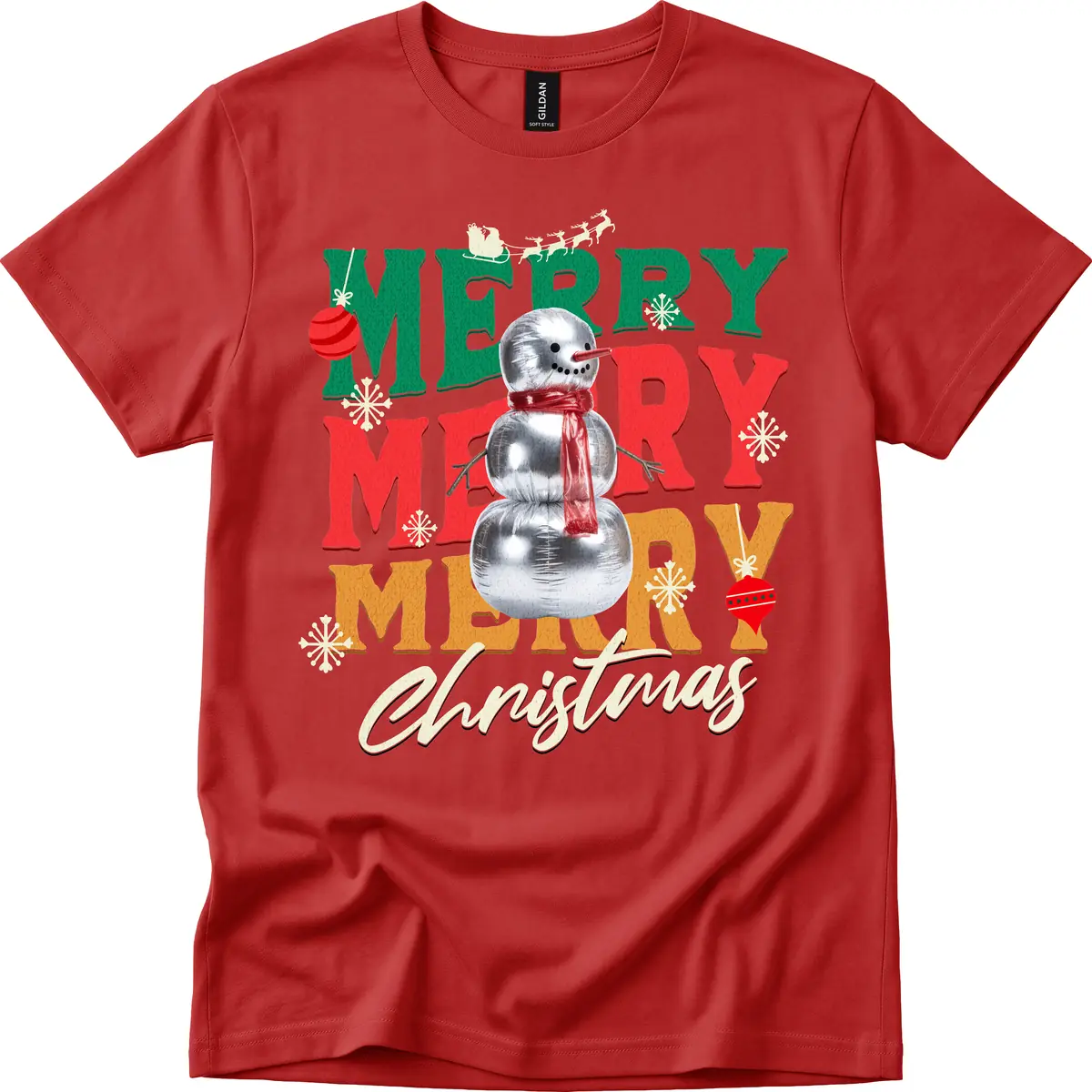 Merry Merry Snowman Christmas Design T-Shirt in Red