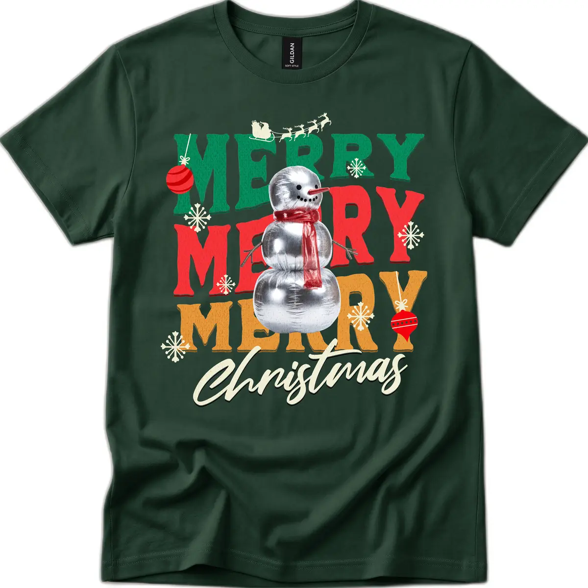 Merry Merry Snowman Christmas Design T-Shirt in Forest Green