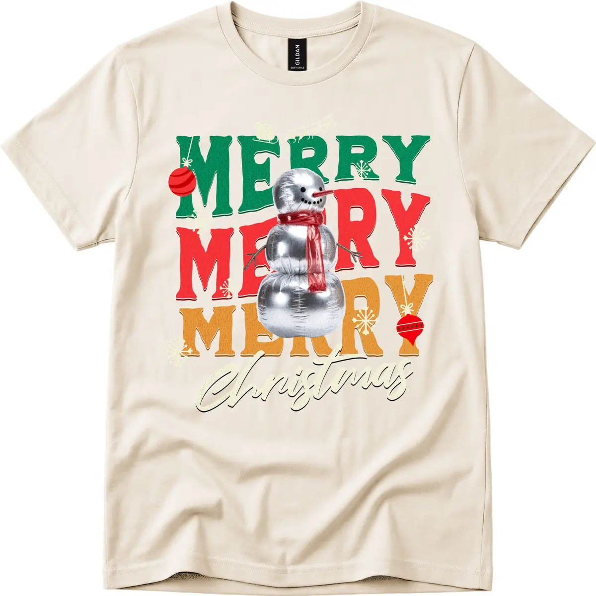 Merry Merry Snowman Christmas Design T-Shirt in Natural
