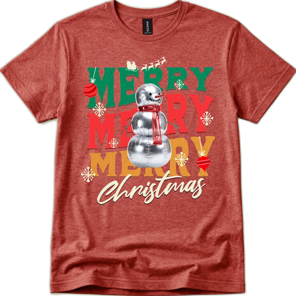 Merry Merry Snowman Christmas Design T-Shirt in Heather Cardinal