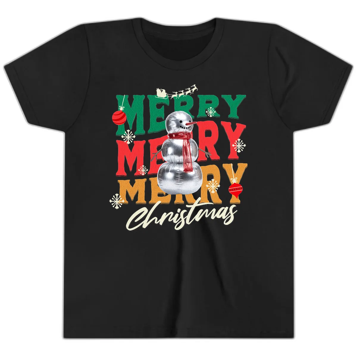 Merry Merry Snowman Christmas Design Youth T-Shirt in Black
