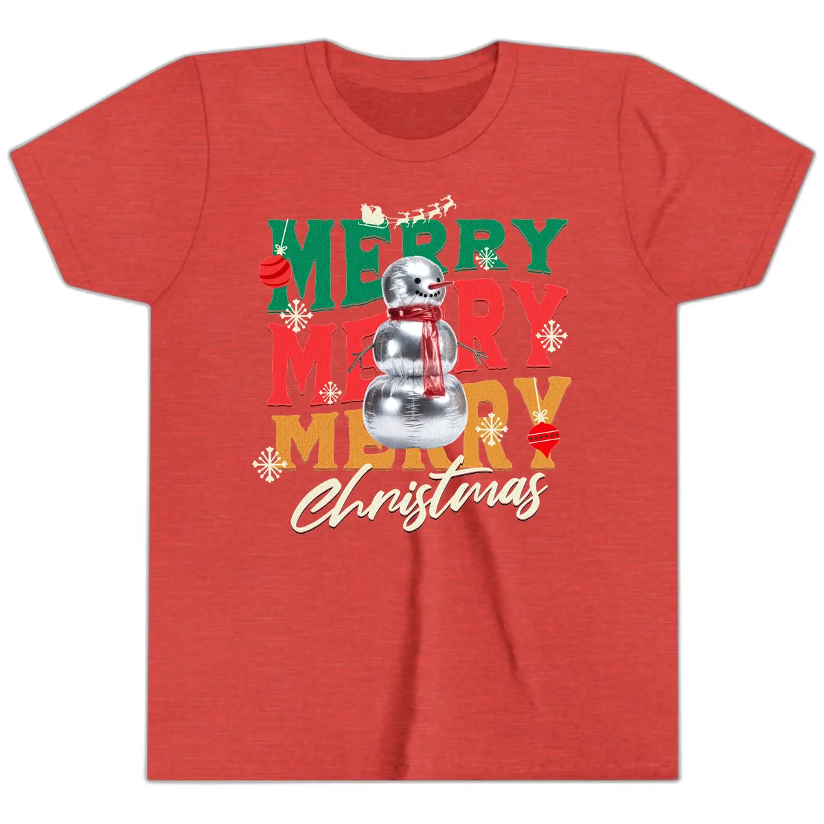 Merry Merry Snowman Christmas Design Youth T-Shirt in Heather Red