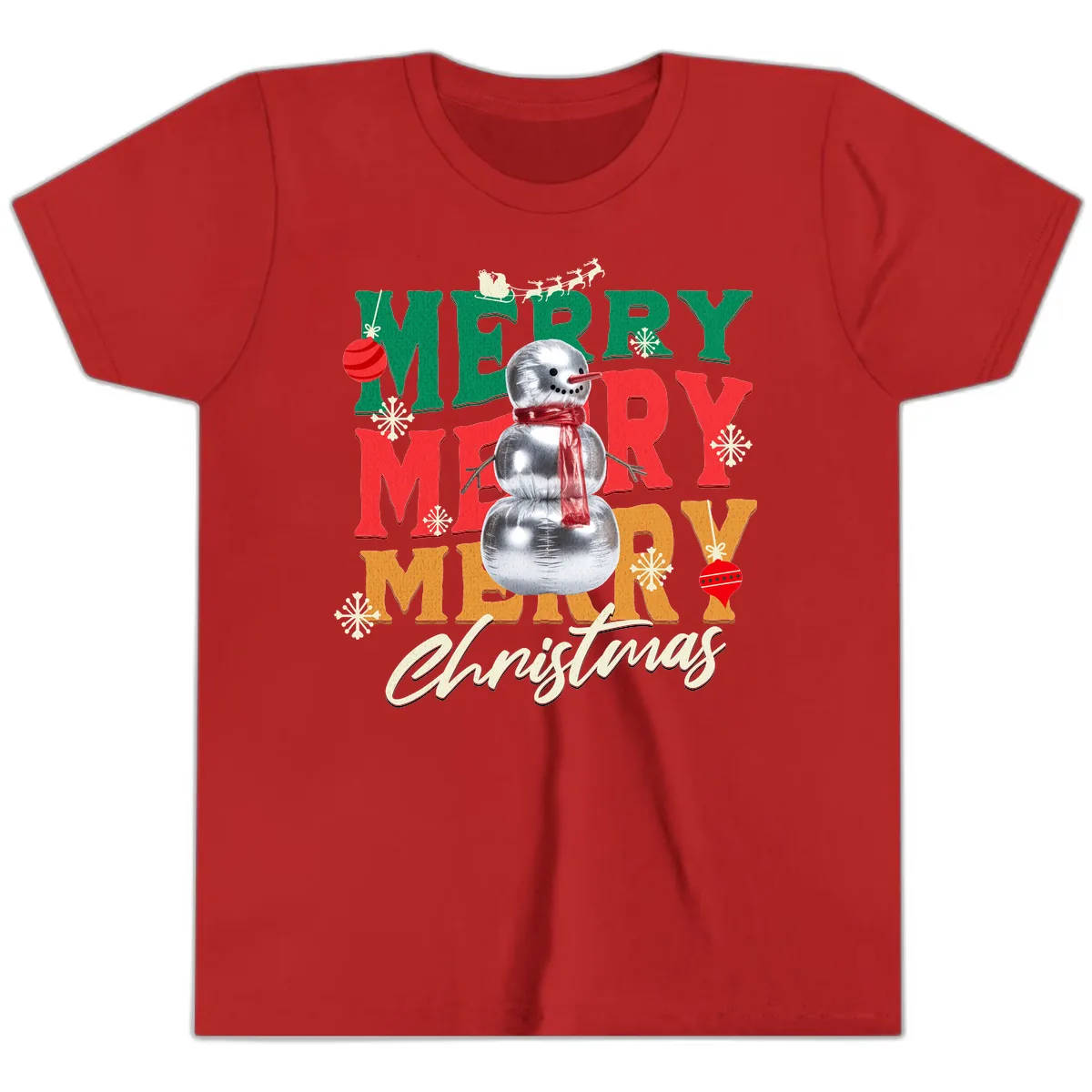 Merry Merry Snowman Christmas Design Youth T-Shirt in Red