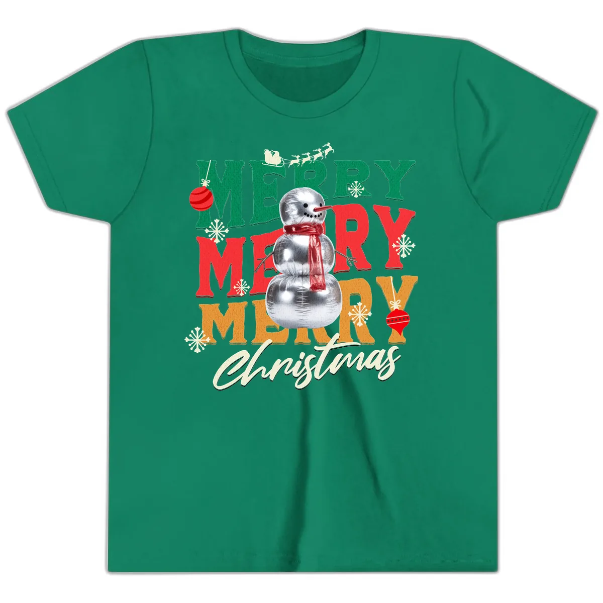 Merry Merry Snowman Christmas Design Youth T-Shirt in Kelly