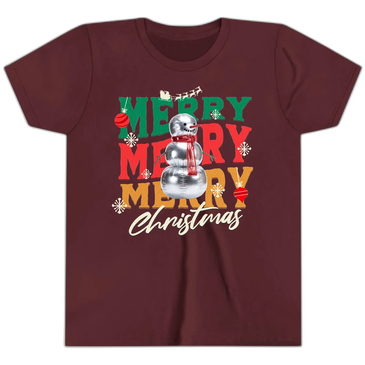 Merry Merry Snowman Christmas Design Youth T-Shirt in Maroon