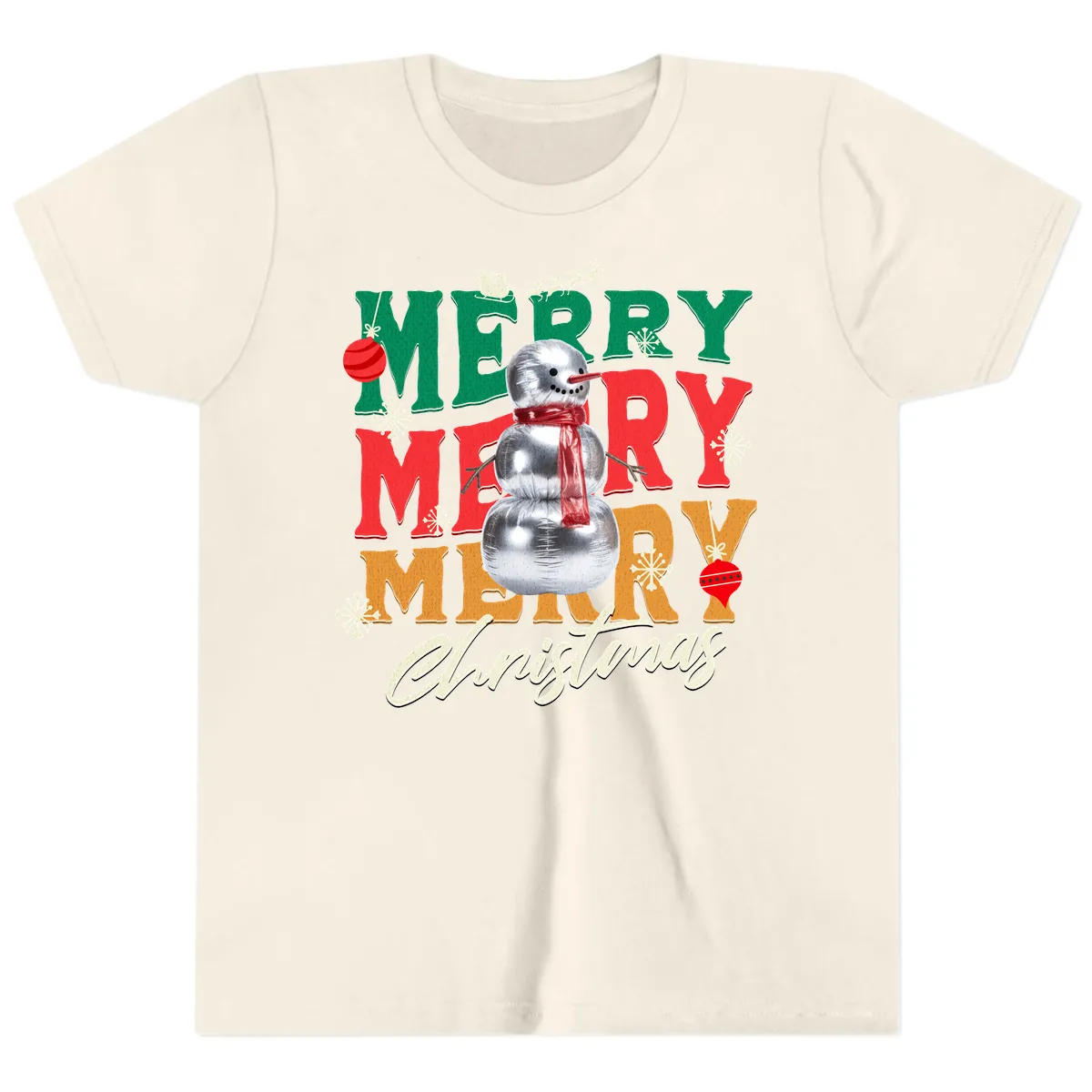 Merry Merry Snowman Christmas Design Youth T-Shirt in Natural