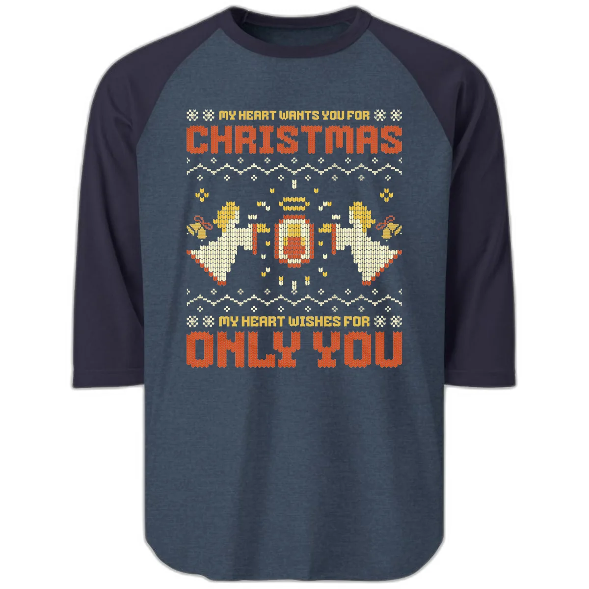 My Heart Wants You For Christmas Raglan 3/4 in Heather Denim Navy