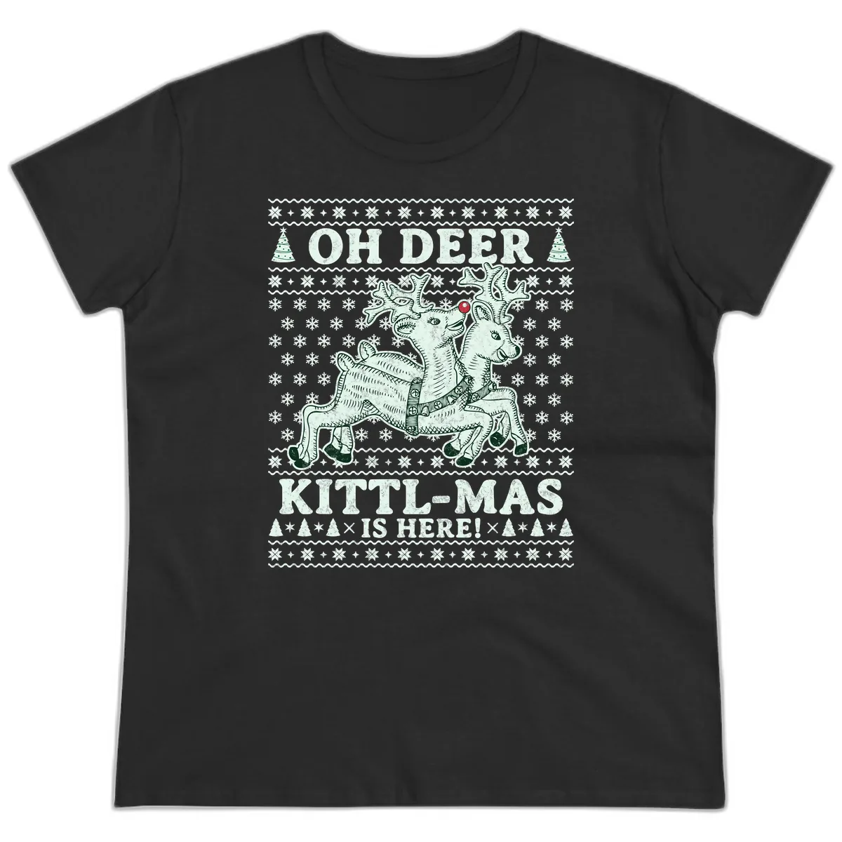 Oh Deer Kittl-Mas Is Here Ladies Tee in Black