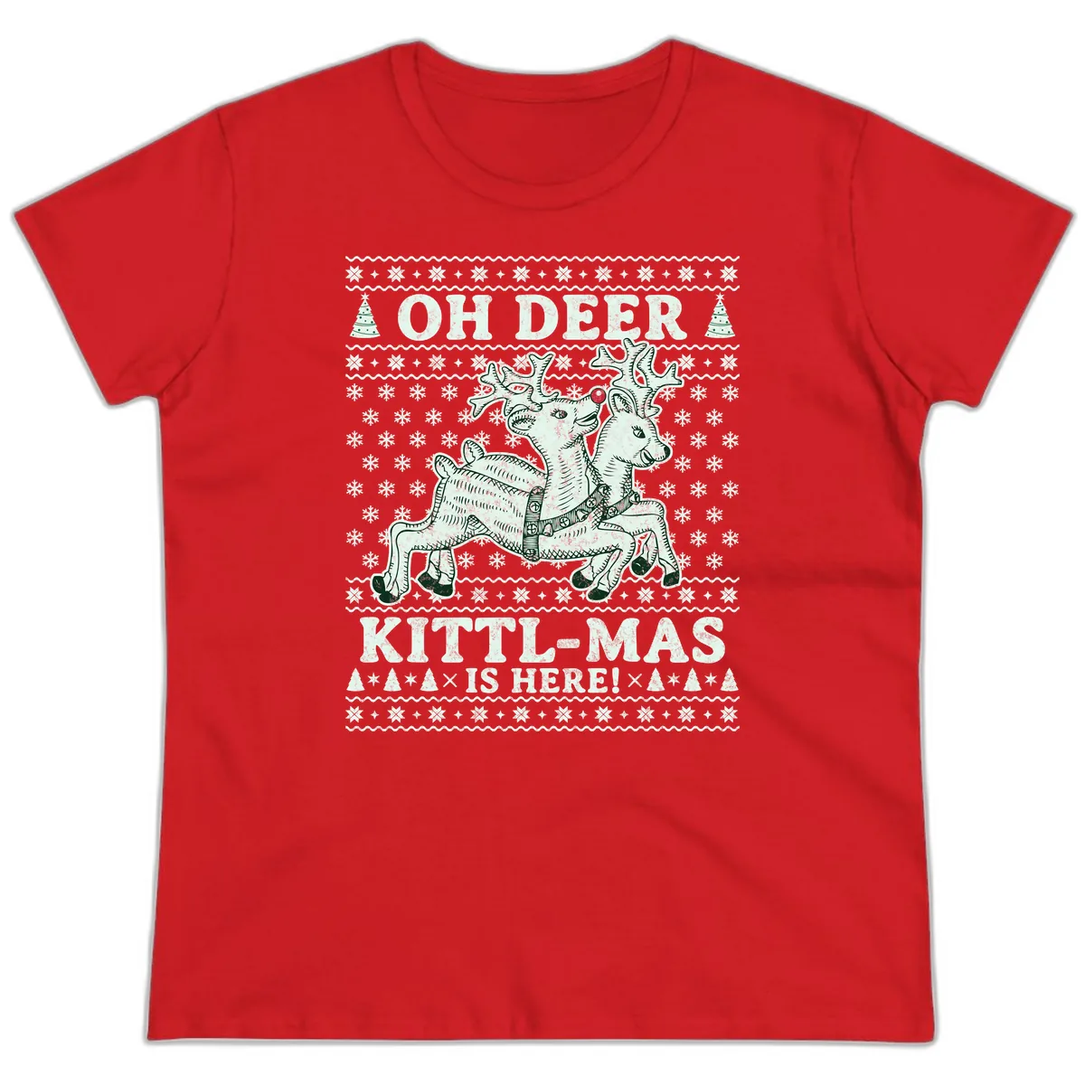 Oh Deer Kittl-Mas Is Here Ladies Tee in Red