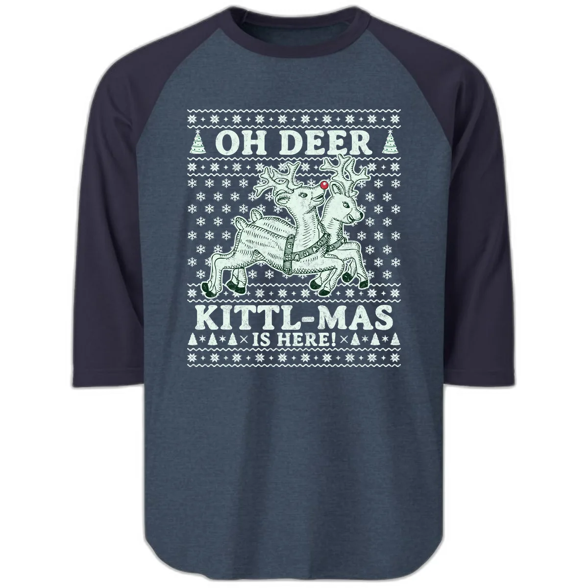 Oh Deer Kittl-Mas Is Here Raglan 3/4 in Heather Denim Navy