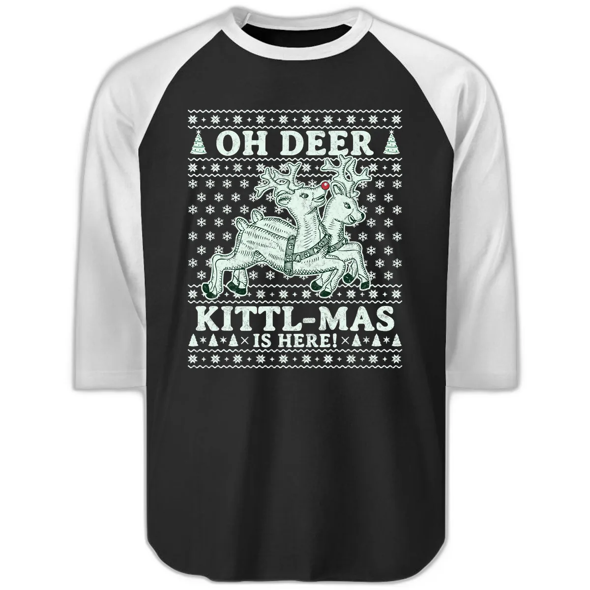 Oh Deer Kittl-Mas Is Here Raglan 3/4 in Black White