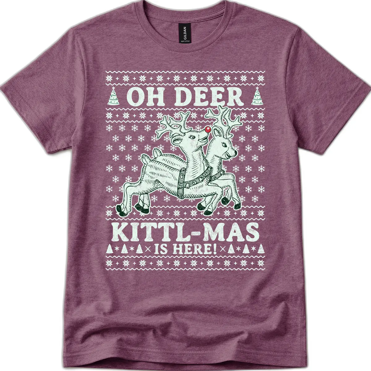 Oh Deer Kittl-Mas Is Here T-Shirt in Heather Maroon