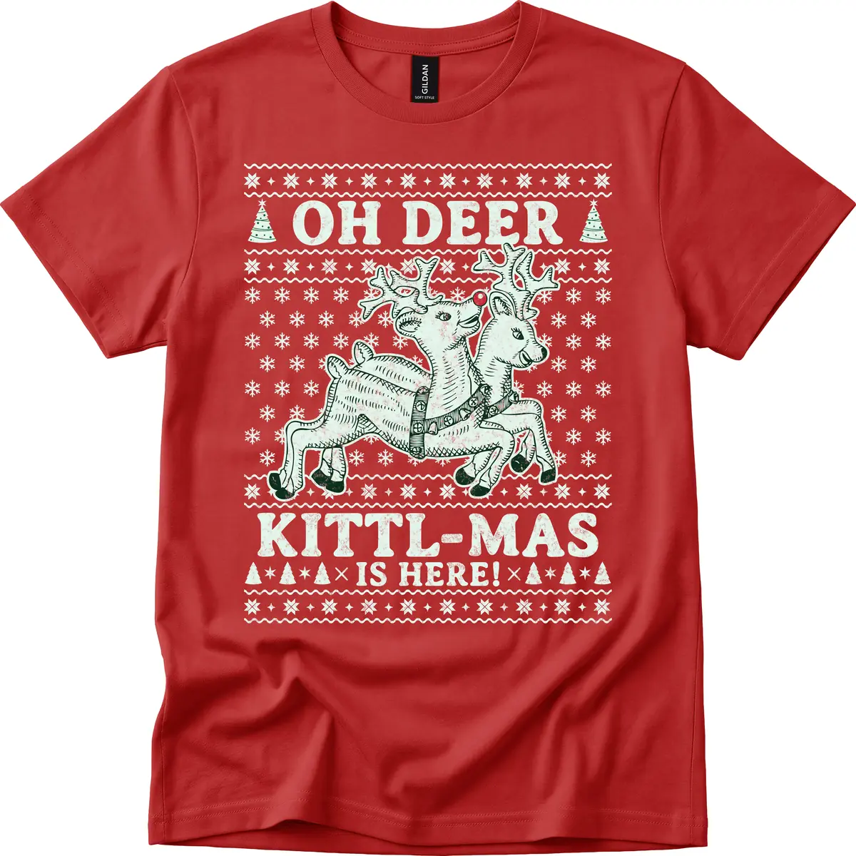 Oh Deer Kittl-Mas Is Here T-Shirt in Red