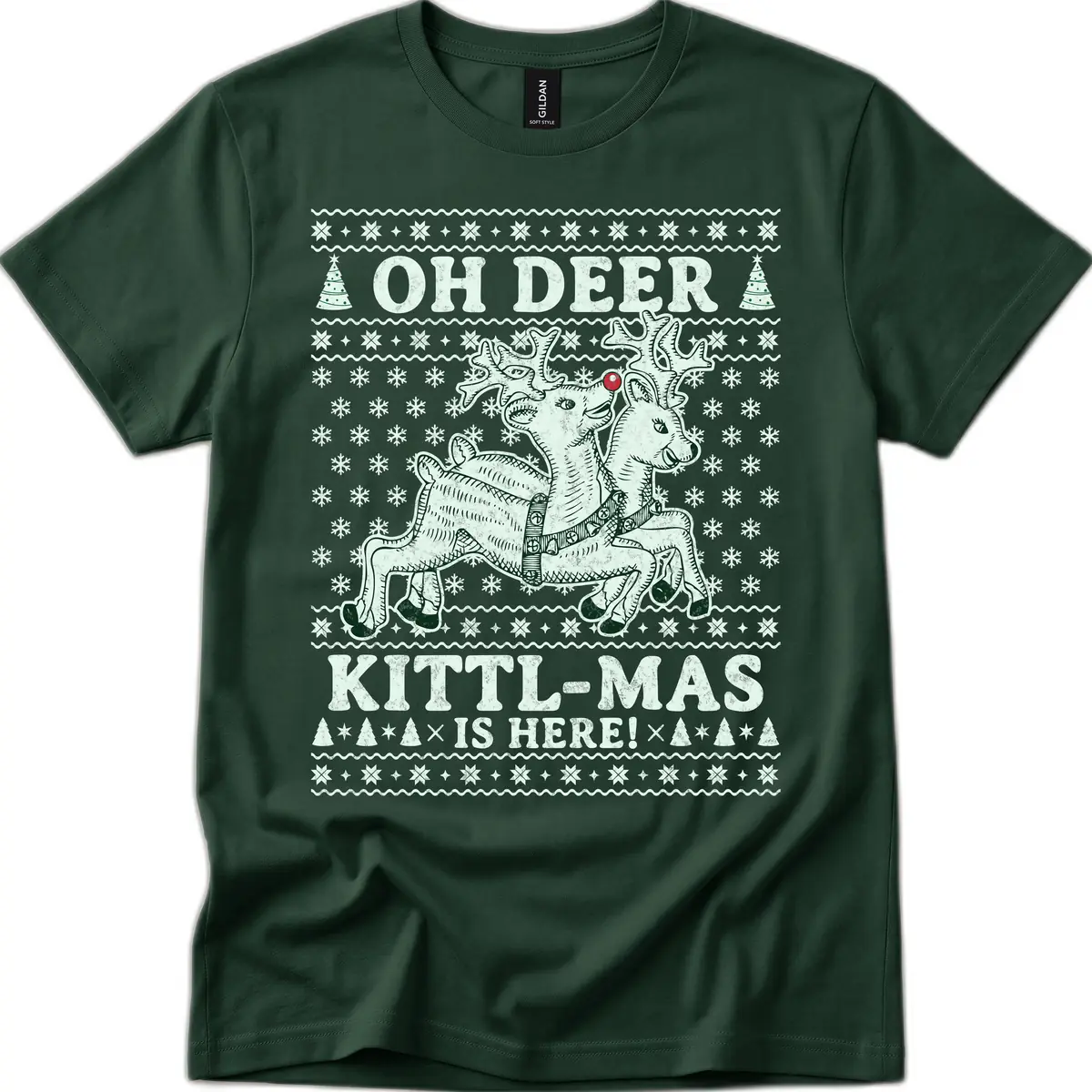 Oh Deer Kittl-Mas Is Here T-Shirt in Forest Green