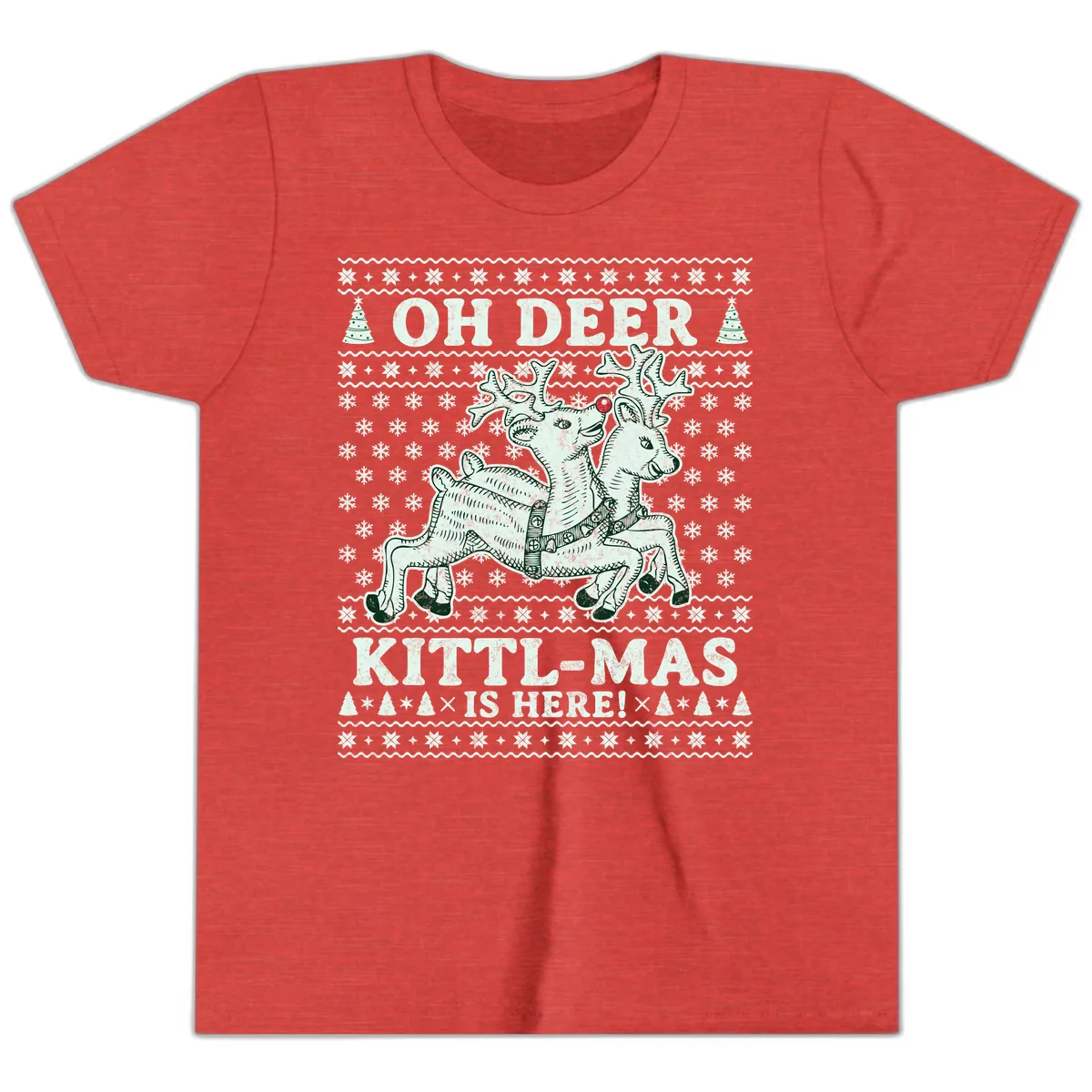 Oh Deer Kittl-Mas Is Here Youth T-Shirt in Heather Red