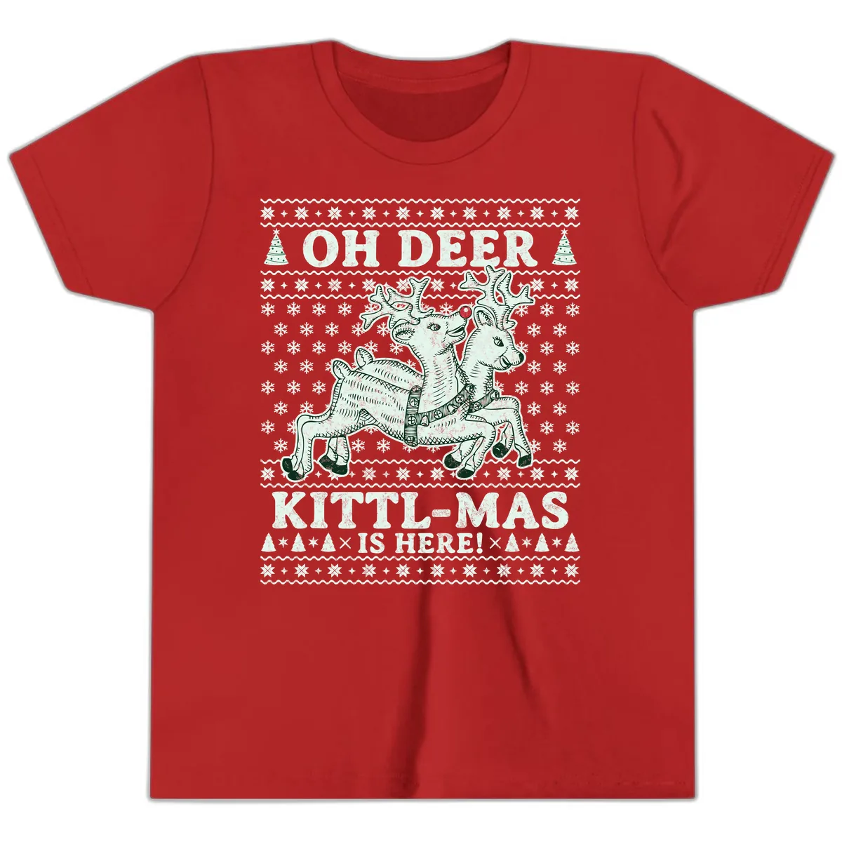Oh Deer Kittl-Mas Is Here Youth T-Shirt in Red