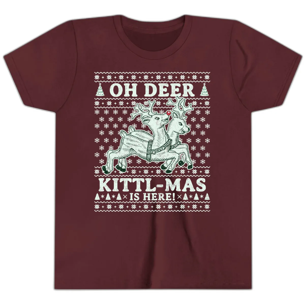 Oh Deer Kittl-Mas Is Here Youth T-Shirt in Maroon