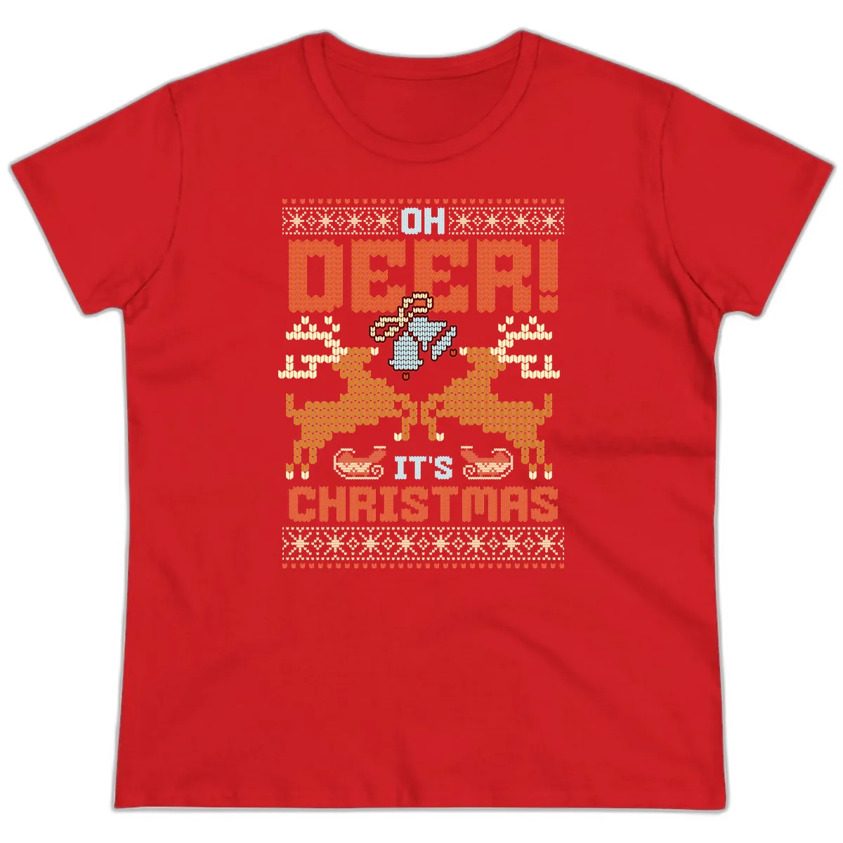 Oh Deer It's Christmas Ugly Sweater Design Ladies Tee in Red