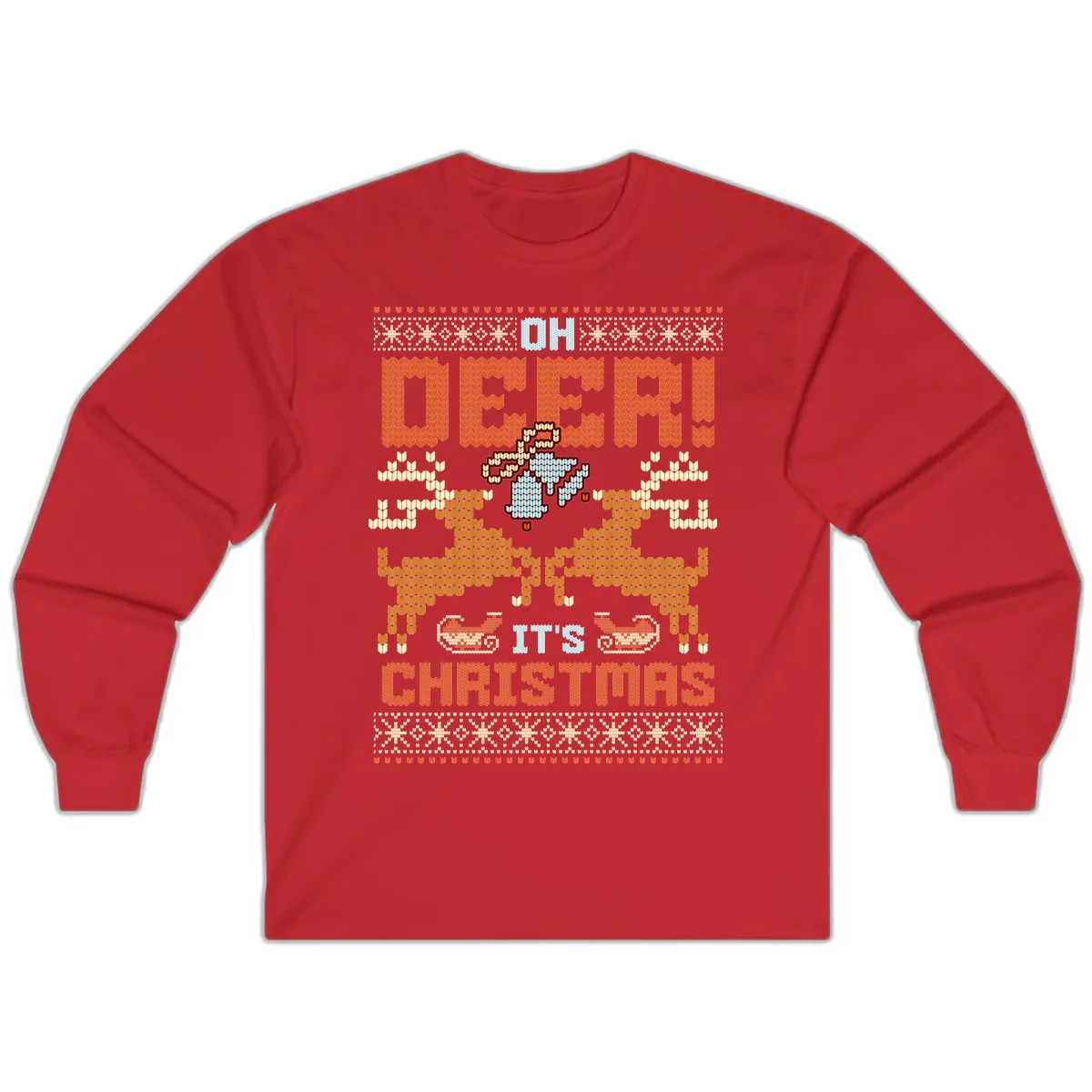 Oh Deer It's Christmas Ugly Sweater Design Long Sleeve in Red