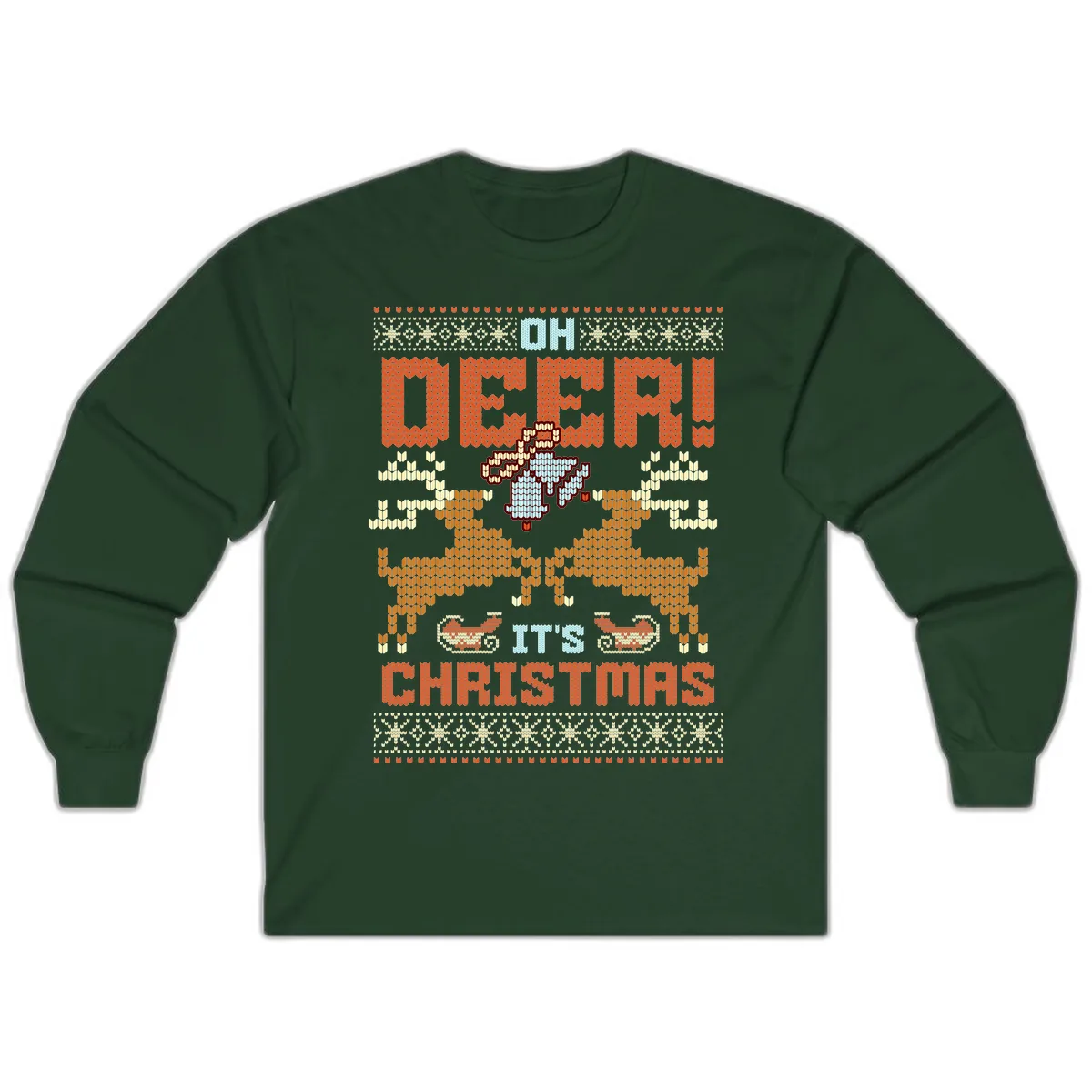 Oh Deer It's Christmas Ugly Sweater Design Long Sleeve in Forest Green
