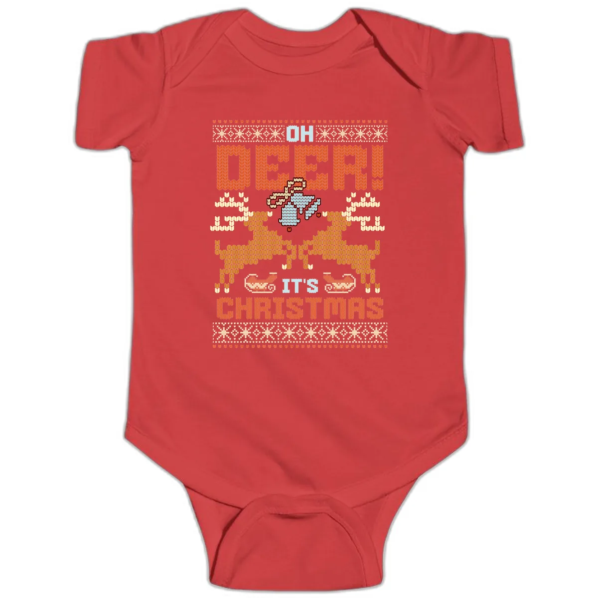 Oh Deer It's Christmas Ugly Sweater Design Baby Onesie in Red