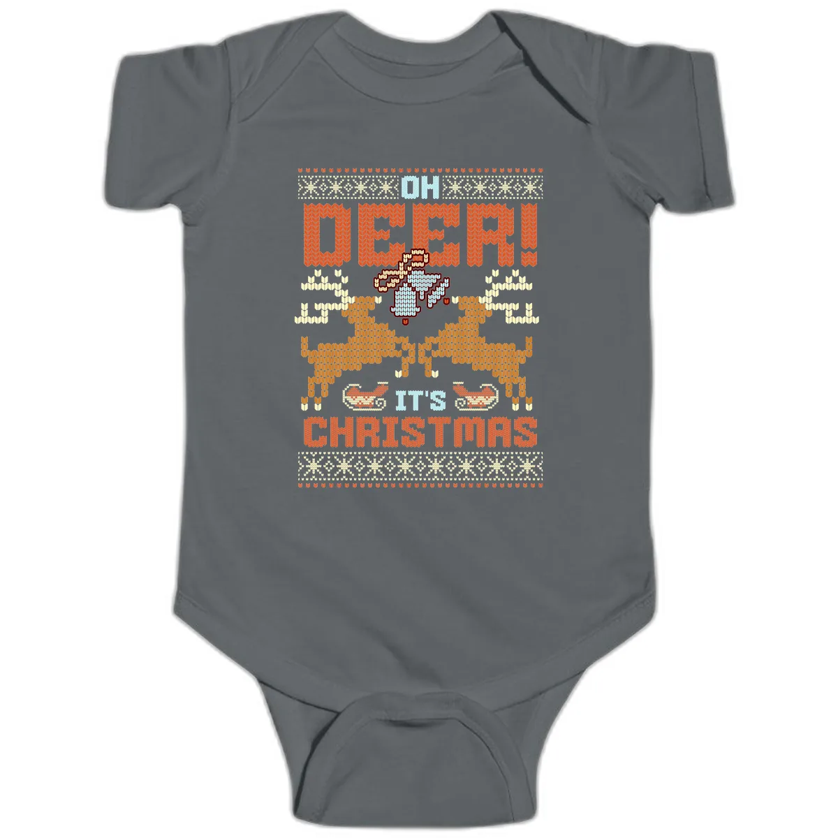 Oh Deer It's Christmas Ugly Sweater Design Baby Onesie in Charcoal