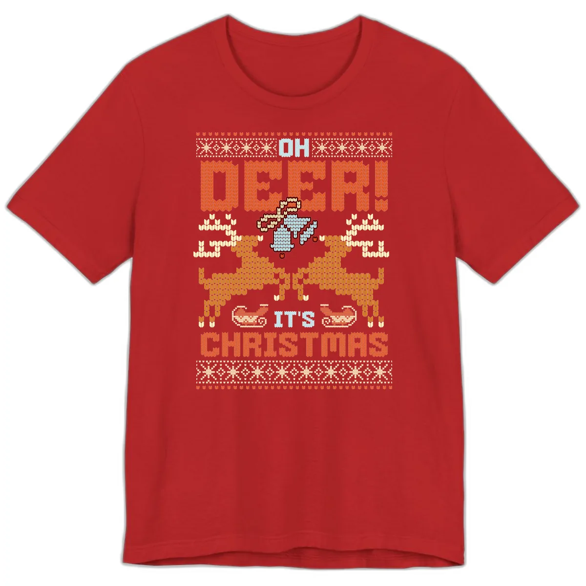 Oh Deer It's Christmas Ugly Sweater Design Premium T-Shirt in Red
