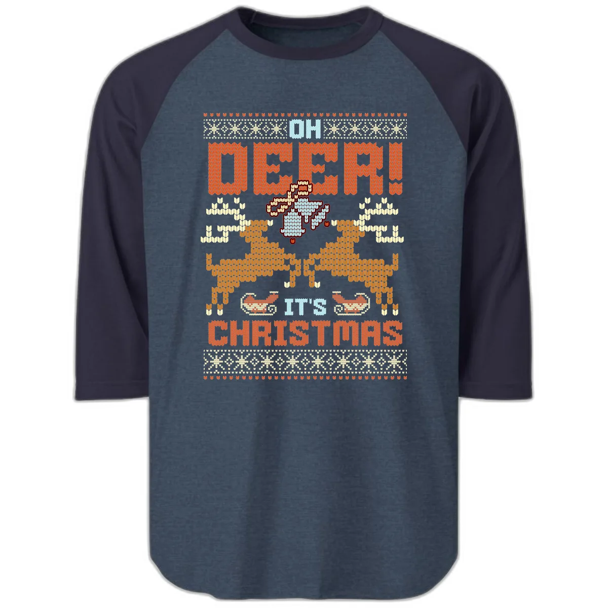 Oh Deer It's Christmas Ugly Sweater Design Raglan 3/4 in Heather Denim Navy