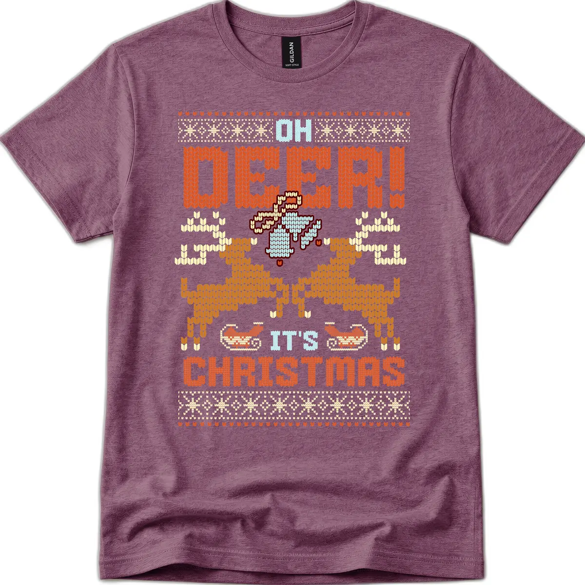 Oh Deer It's Christmas Ugly Sweater Design T-Shirt in Heather Maroon