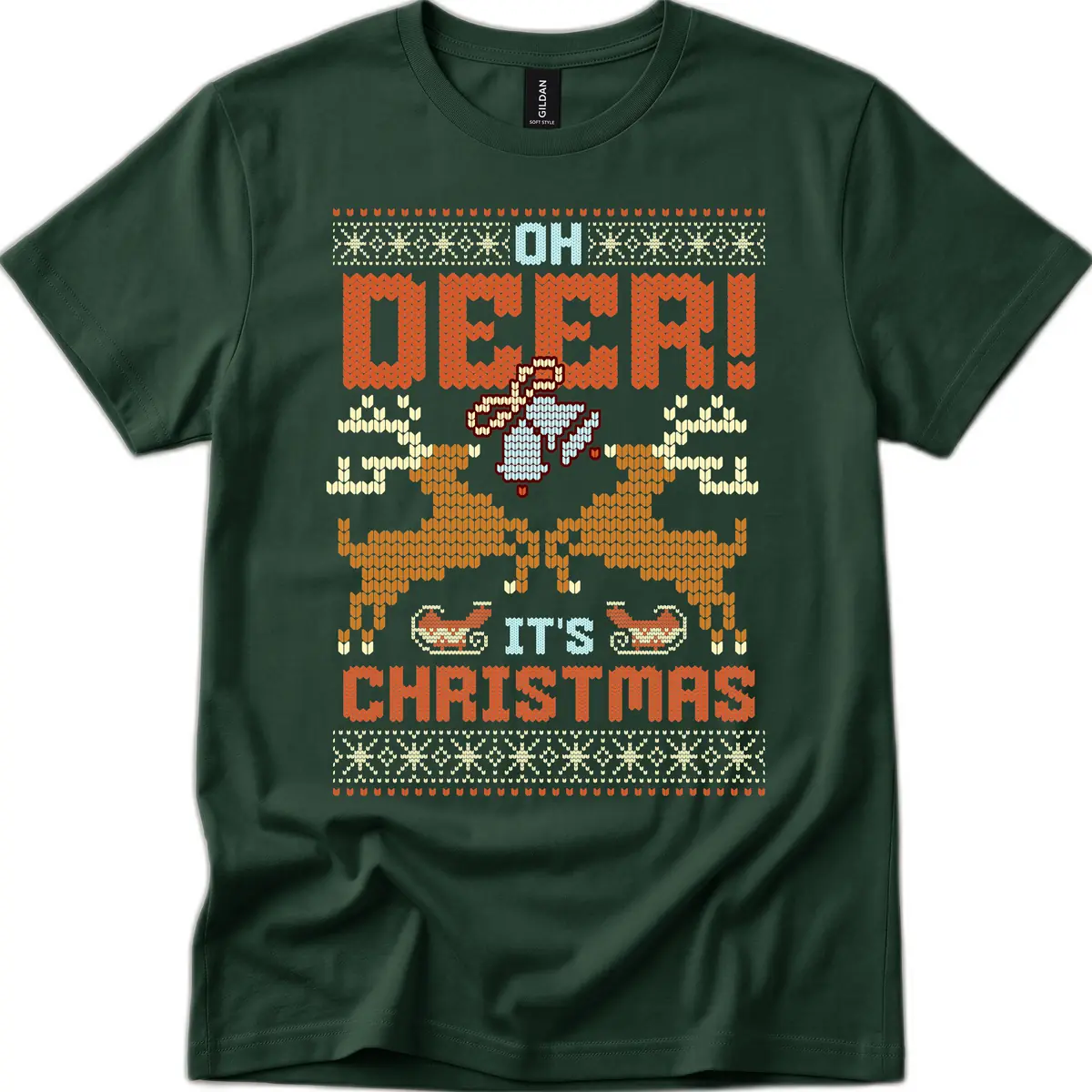 Oh Deer It's Christmas Ugly Sweater Design T-Shirt in Forest Green