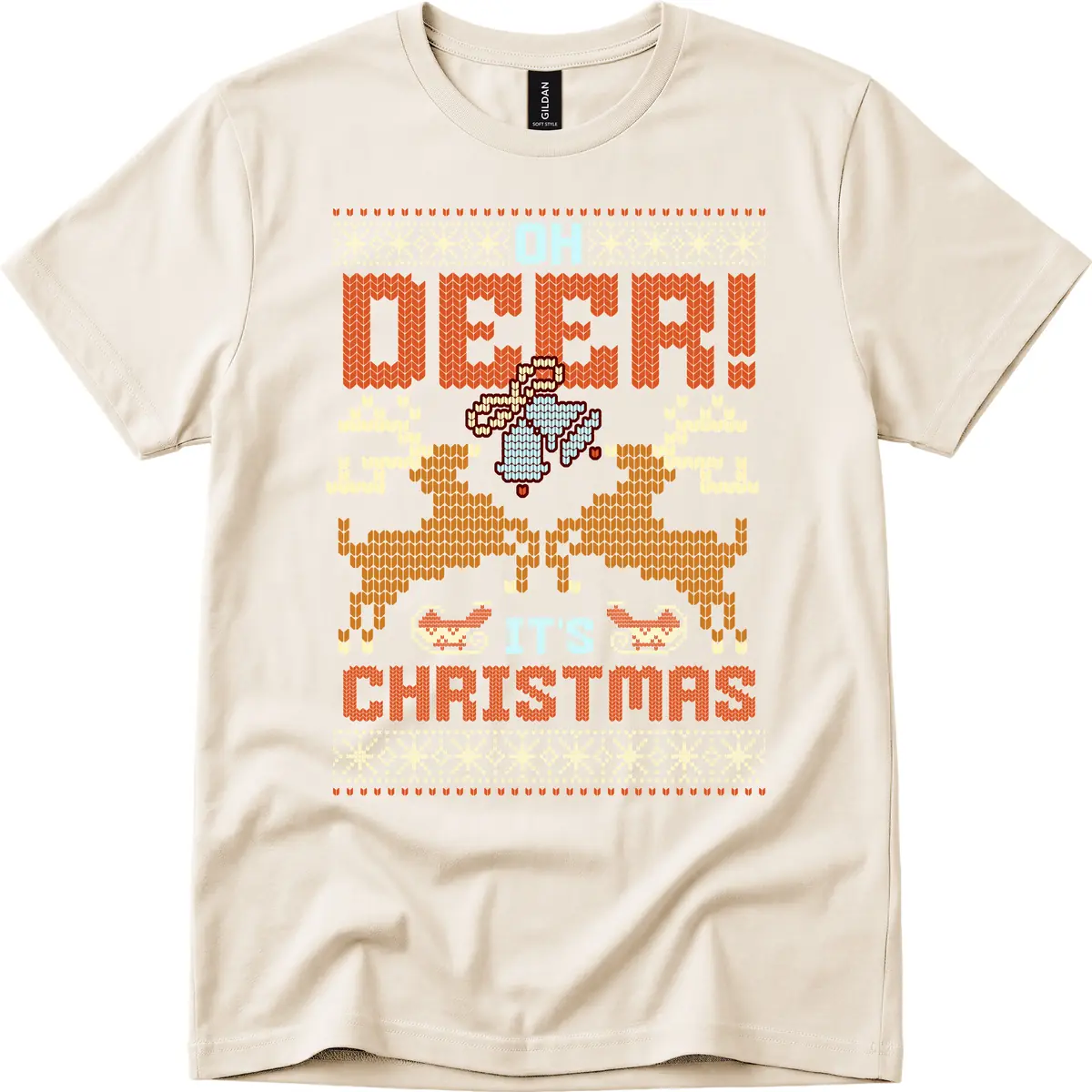 Oh Deer It's Christmas Ugly Sweater Design T-Shirt in Natural