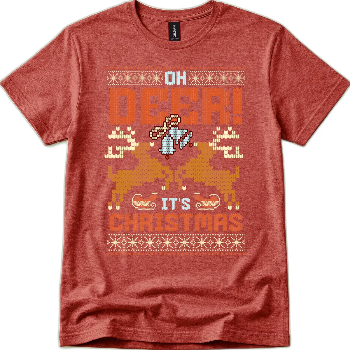 Oh Deer It's Christmas Ugly Sweater Design T-Shirt in Heather Cardinal