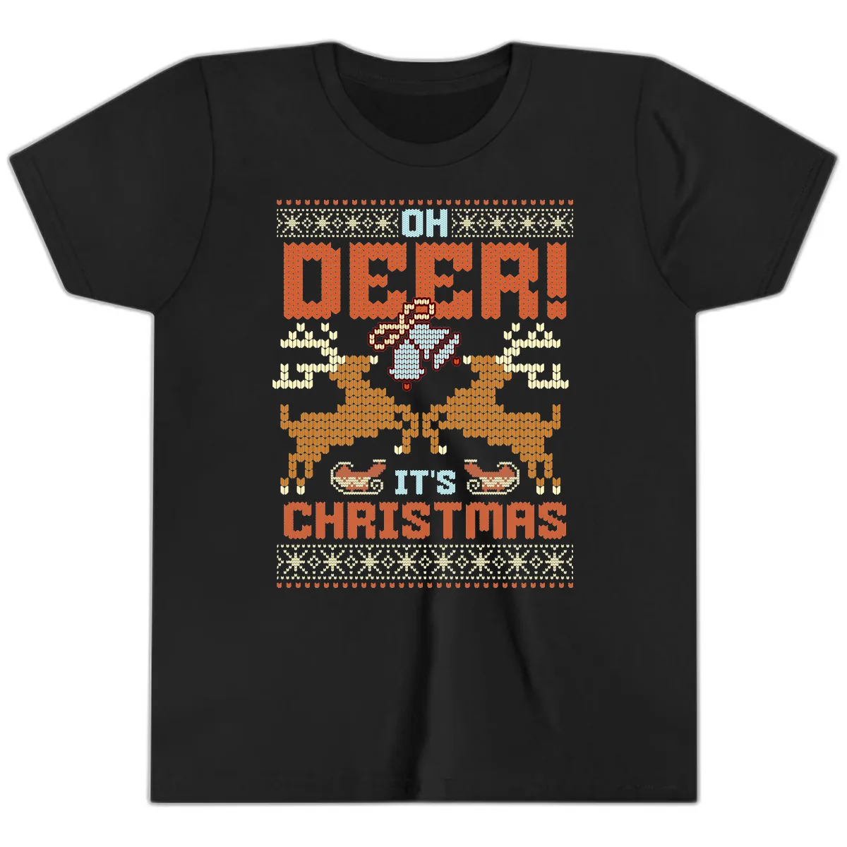 Oh Deer It's Christmas Ugly Sweater Design Youth T-Shirt in Black