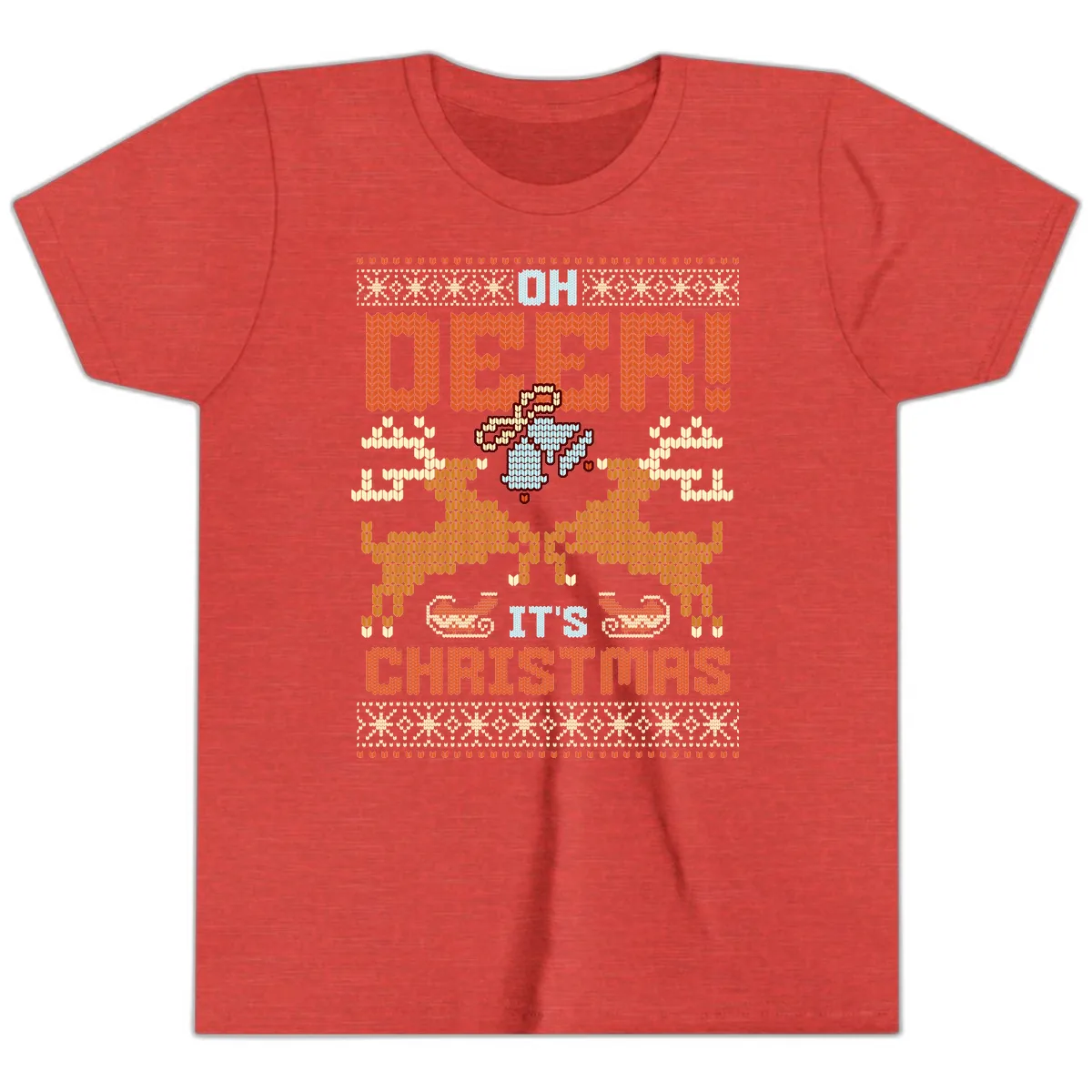 Oh Deer It's Christmas Ugly Sweater Design Youth T-Shirt in Heather Red