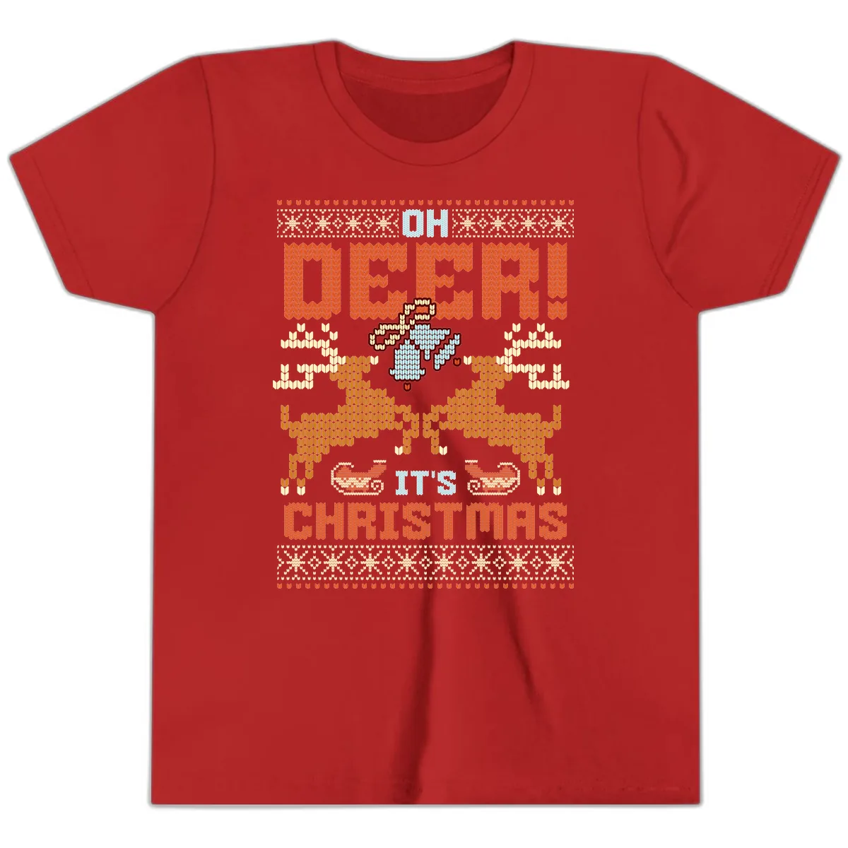 Oh Deer It's Christmas Ugly Sweater Design Youth T-Shirt in Red