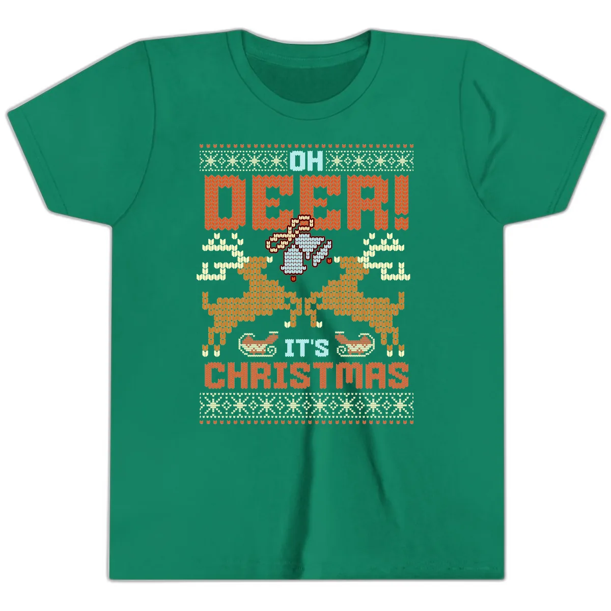 Oh Deer It's Christmas Ugly Sweater Design Youth T-Shirt in Kelly
