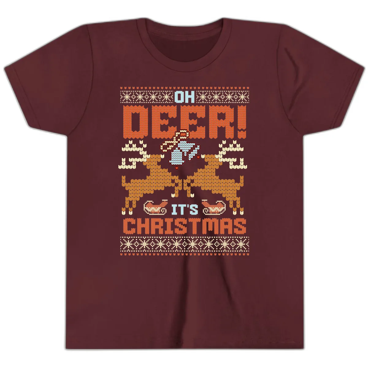 Oh Deer It's Christmas Ugly Sweater Design Youth T-Shirt in Maroon