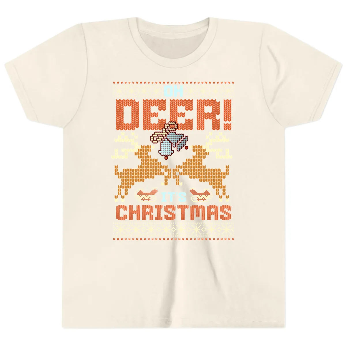 Oh Deer It's Christmas Ugly Sweater Design Youth T-Shirt in Natural