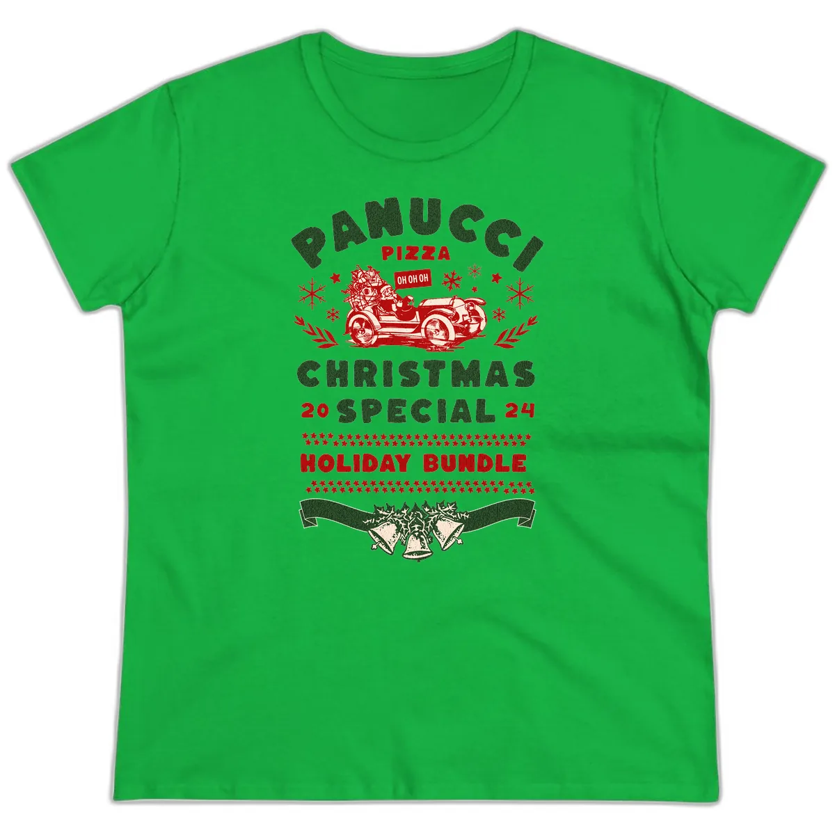 Panucci Pizza Christmas Special Holiday Bundle Ladies Tee in Irish Green