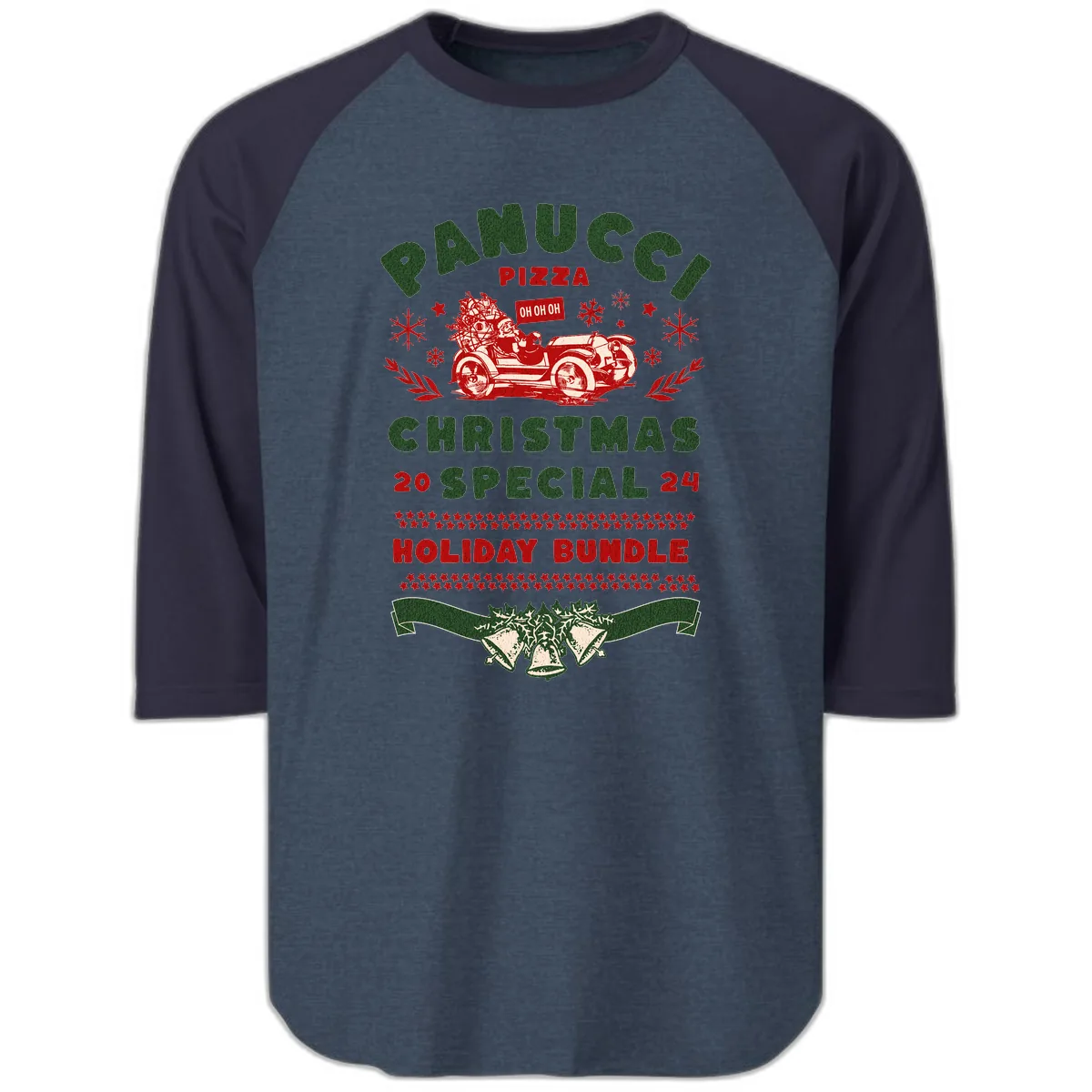 Panucci Pizza Christmas Special Holiday Bundle Raglan 3/4 in Heather Denim Navy